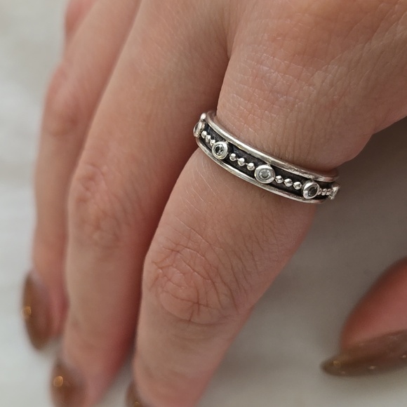 PANDORA Genuine Sterling Silver Ring Band With White Crystals Jewelry - Picture 3 of 5